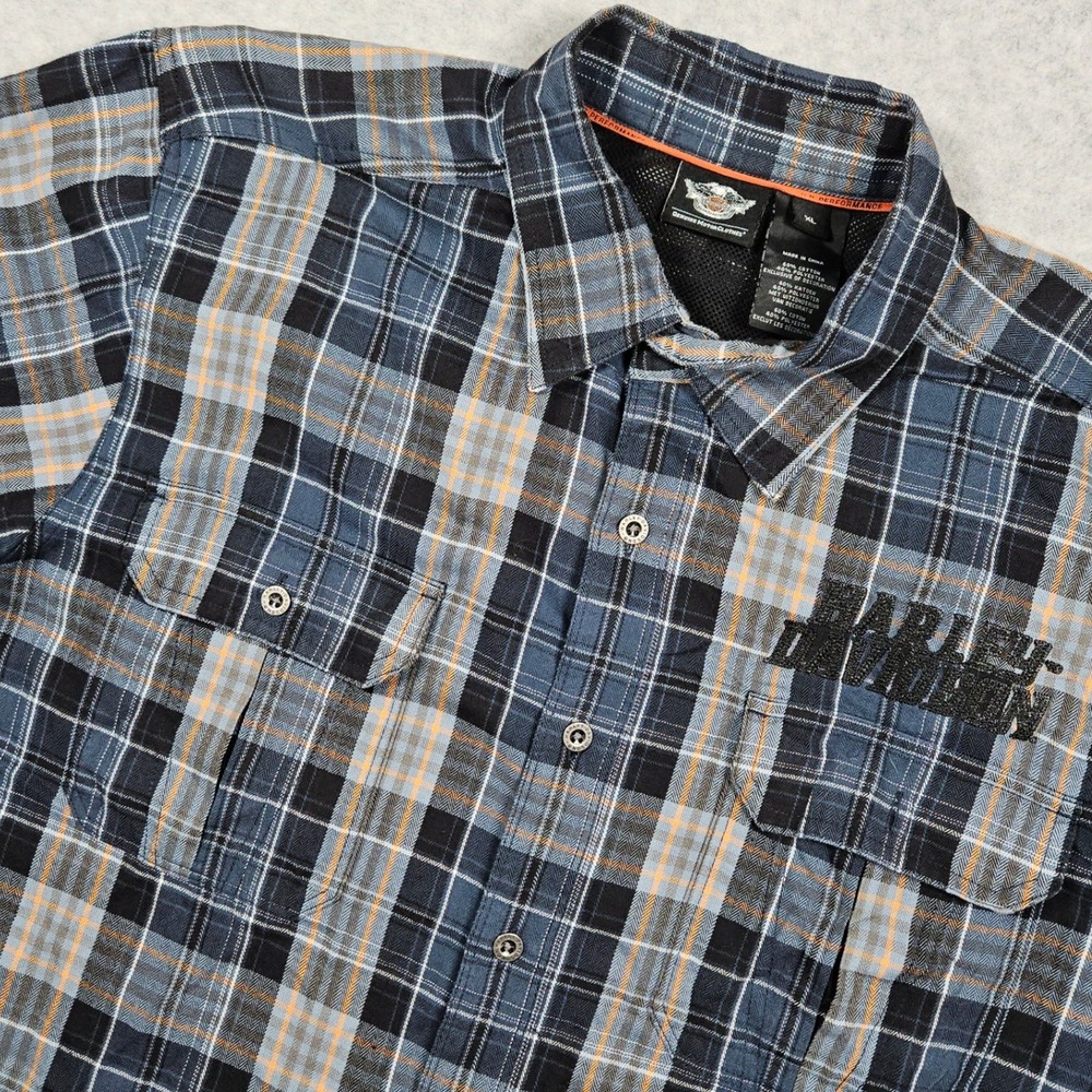 Harley Davidson (Men's XL) Blue Plaid Button Up Shirt Biker Vented Motorcycle